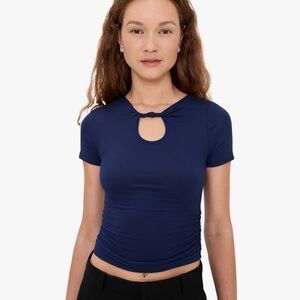 Topshop Navy Short Sleeve Keyhole Ribbed Tee